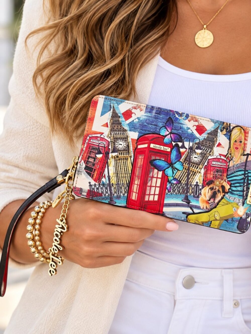 Nicole Lee London Girl Print Wristlet Wallet Red & Multicolor